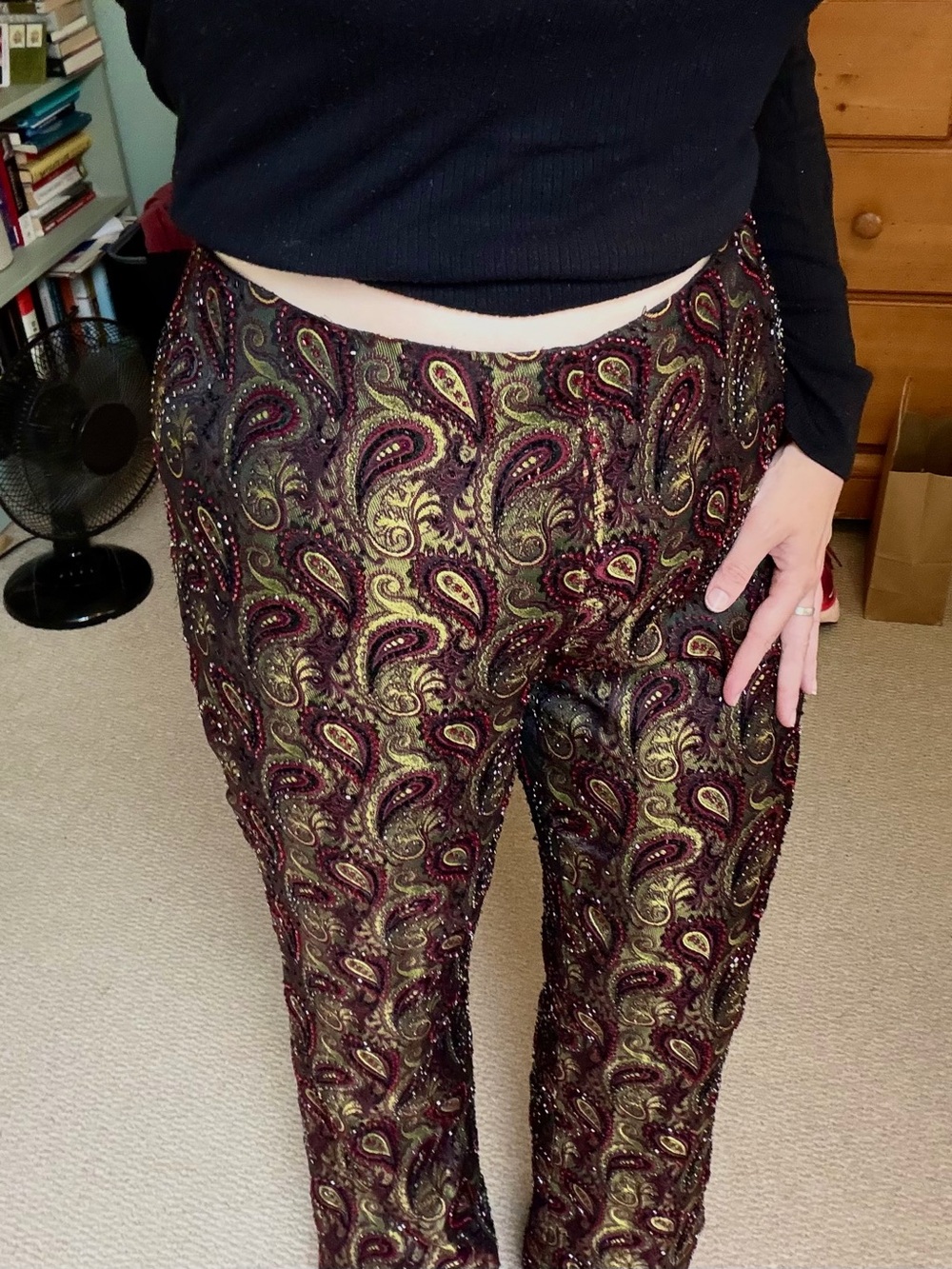 Vintage Paisley Metallic High-Waist Pants in Burgundy and Gold (15.5” waist)